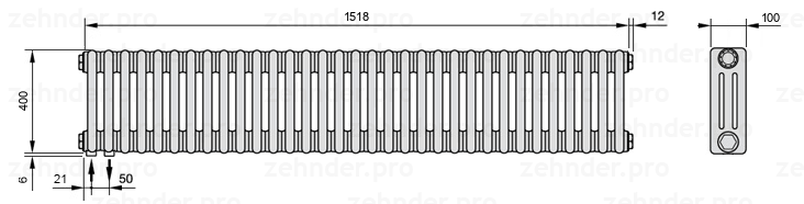Схема (чертеж) Радиатор Zehnder Charleston 3040/33 №3370 Белый глянцевый RAL 9016